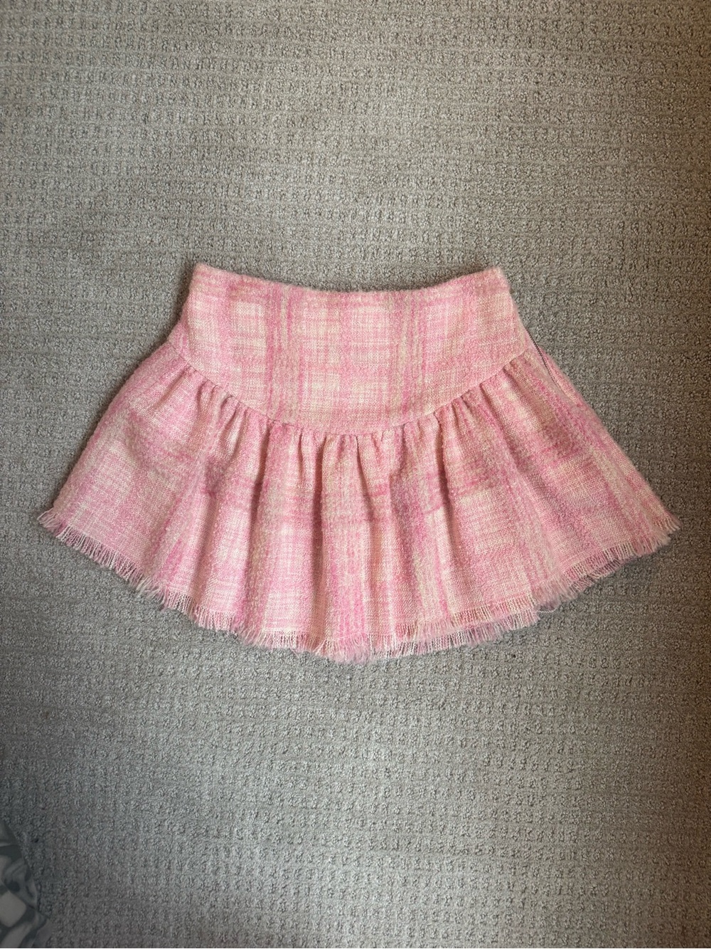LoveShackFancy Pink Tweed Ruffled Mini Skirt